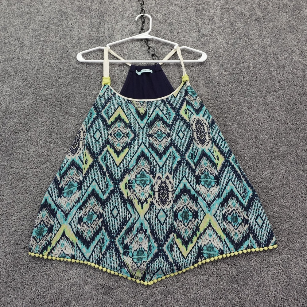 Maurices Tank Top Womens Large Blue Geometric Pom Pom Trim Sleeveless Racerback